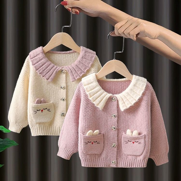 Girls cardigan jacket sweater 2024 new knitted sweater, children's autumn clothes, babies and young children, foreign style and small fragrance