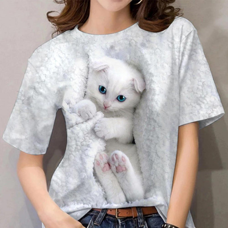 Independent Station Women's Short-Sleeved T-shirt Cute Cat 3D Printed European and American Foreign Trade Women's Clothing Straight Hair