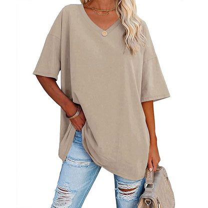 Cross-Border European and American Women's Clothing  Foreign Trade Spring and Summer New Color Loose Half Sleeve V-neck Cotton Waist Women's Top