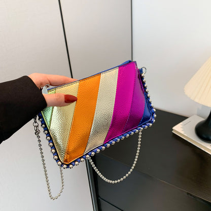 XIANGTUIBAO 2025 Women's bag new contrasting color splicing trendy rainbow striped small square bag bead chain shoulder bag fashionable messenger bag