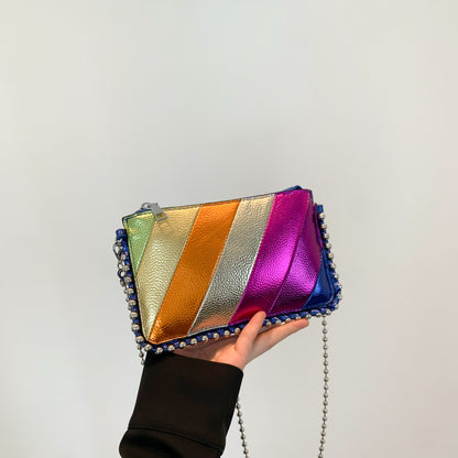 XIANGTUIBAO 2025 Women's bag new contrasting color splicing trendy rainbow striped small square bag bead chain shoulder bag fashionable messenger bag