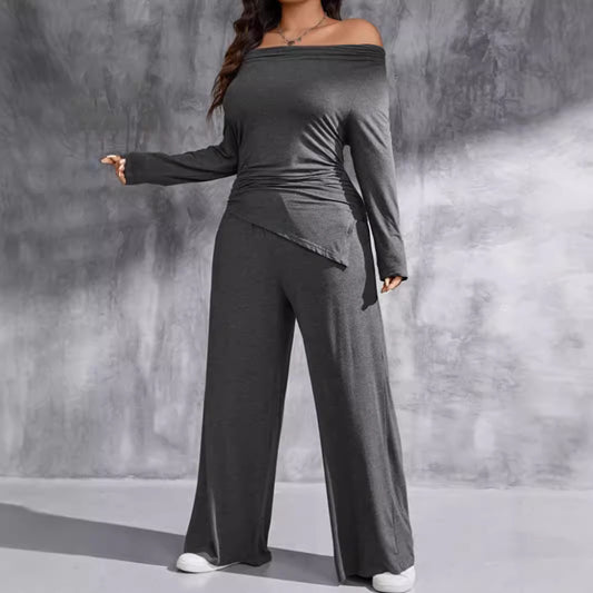 XIANGTUIBAO 2025  2025 fashion irregular women's clothing one-word collar off-the-shoulder pleated top loose wide-leg pants set