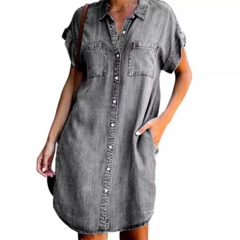 Independent Station   Cross-Border New European and American Lapel Short Sleeve Slim Fit Dress Denim Shirt Dress Women