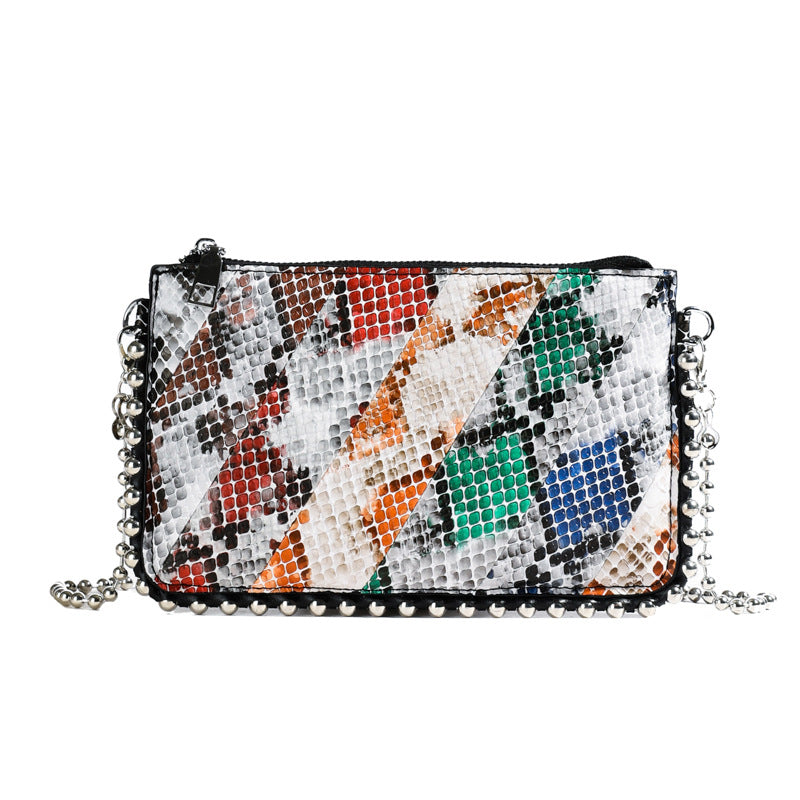 XIANGTUIBAO 2025 Women's bag new contrasting color splicing trendy rainbow striped small square bag bead chain shoulder bag fashionable messenger bag