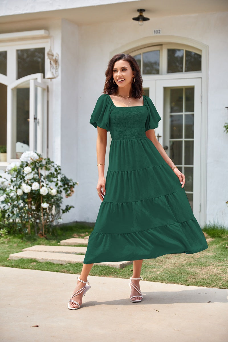 Summer European and American Foreign Trade Cross-Border Women's Clothing  Square Collar Backless Puff Sleeve Pleated Short Sleeves Dress