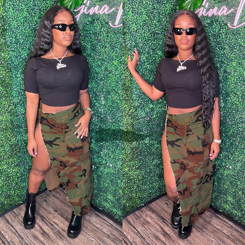 XIANGTUIBAO 2025 New 2025 spring and summer new models, fashionable personalized washed camouflage skirt, multi-pocket split skirt women