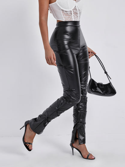 XIANGTUIBAO 2025  2025 new women's pants fashion tight side pleated high elastic PU leather waist trousers