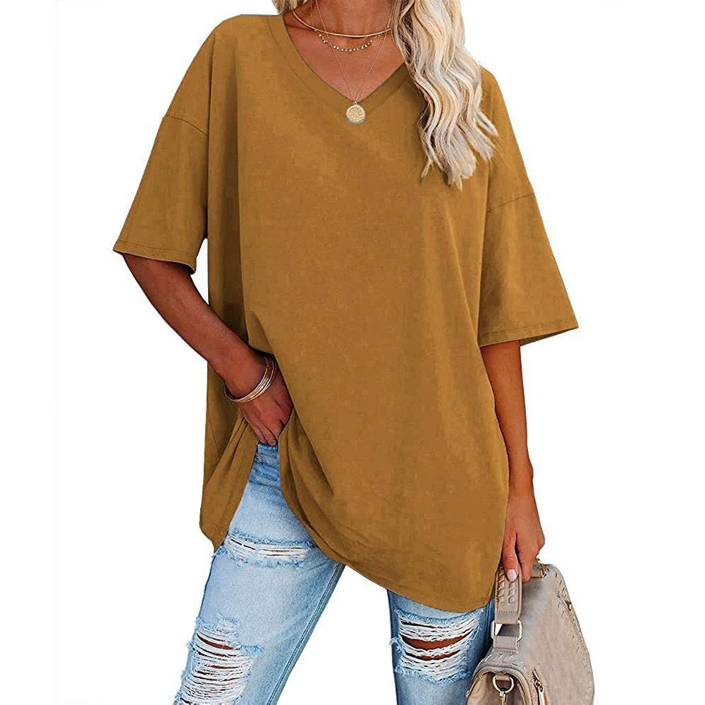 Cross-Border European and American Women's Clothing  Foreign Trade Spring and Summer New Color Loose Half Sleeve V-neck Cotton Waist Women's Top