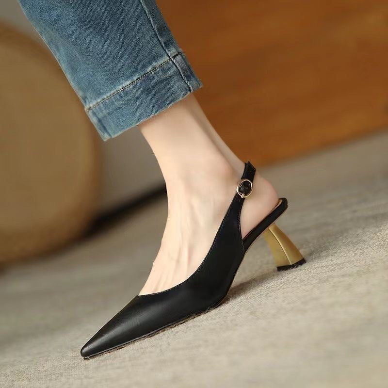 xiangtuibao Women's High-Heeled Shoes  Spring/Summer New  Style Retro Chunky Heel Shoes Pointed Toe Low-Cut Ankle-Strap Buckle Closed Toe Sandals