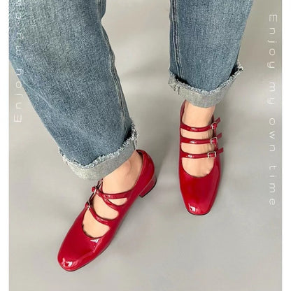 XIANGTUIBAO  Spring and Summer New Classic Square Toe  Style Three-Piece with Chunky Heel Mary Jane High Heel Pumps Women's Red Wedding Shoes