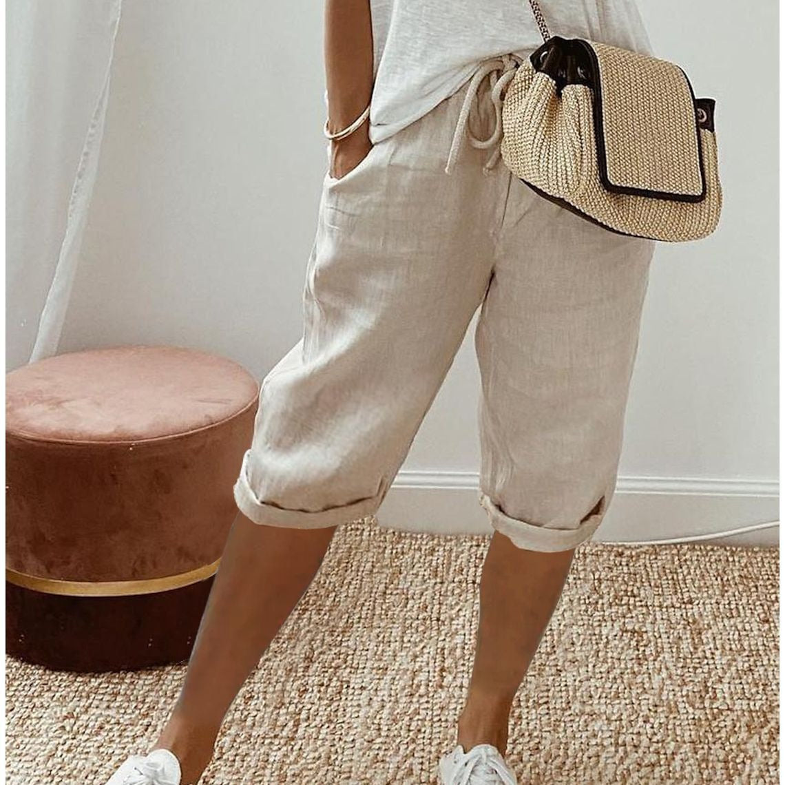 XIANGTUIBAO  Cross Border  Independent Station Women's Cotton and Linen Pocket Elasticated Slacks Women's Five Pants