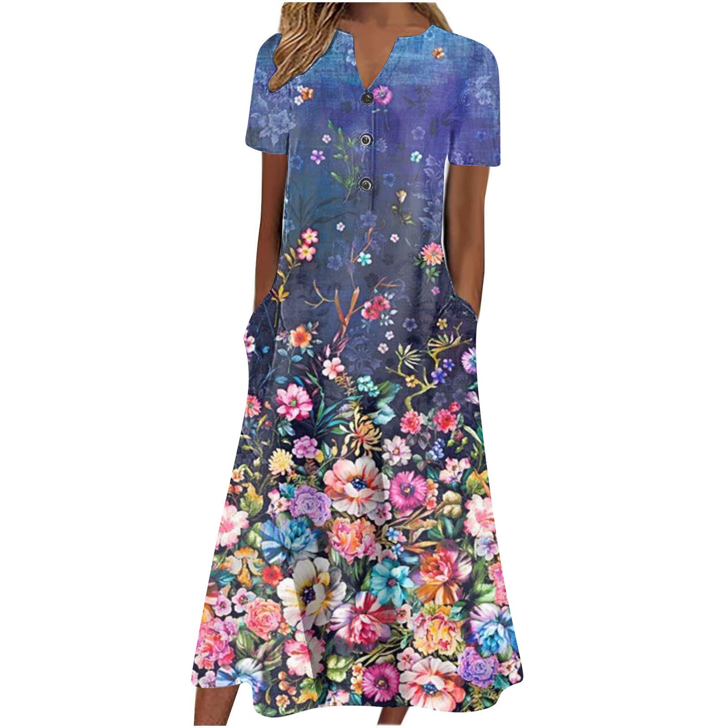 Cross Border Women's Summer New V-neck Button Short Sleeve Loose Big Hem Print Dress