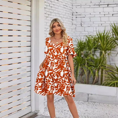 In Stock European and American Women's Clothing   Temu Independent Stand Short Sleeve Ruffled Printed Cake Dress