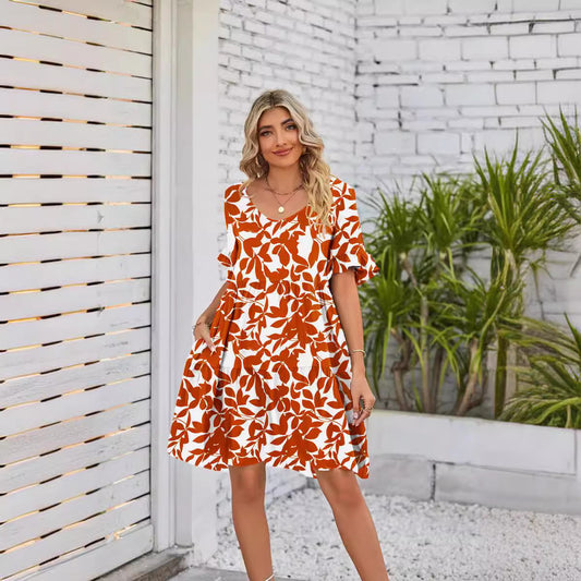 In Stock European and American Women's Clothing   Temu Independent Stand Short Sleeve Ruffled Printed Cake Dress