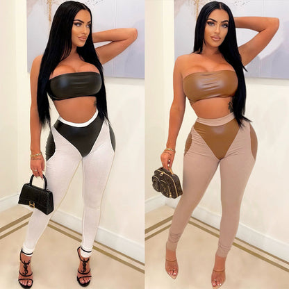 XIANGTUIBAO Independent station Popular trade 2023 new 2025 sexy color matching two-piece set, tube top PU leather trousers tight suit for women