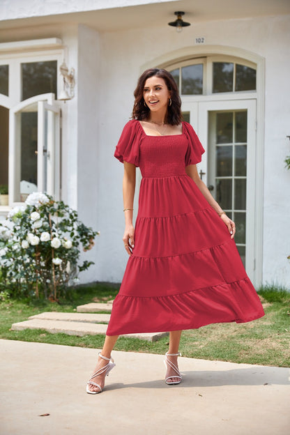 Summer European and American Foreign Trade Cross-Border Women's Clothing  Square Collar Backless Puff Sleeve Pleated Short Sleeves Dress