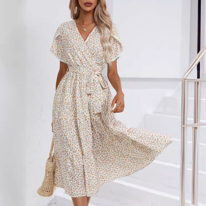 European and American Women's Clothing  Hot Dress  Summer Cross-Border Small Floral Split V-neck Foreign Trade Women's Clothing