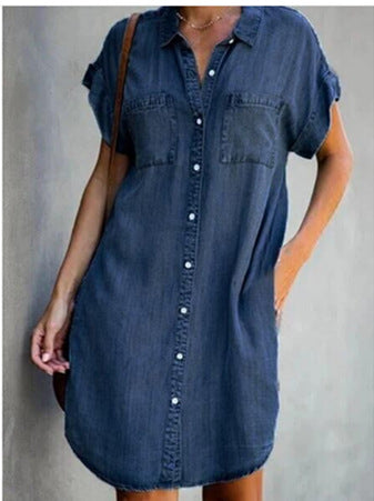 Independent Station   Cross-Border New European and American Lapel Short Sleeve Slim Fit Dress Denim Shirt Dress Women