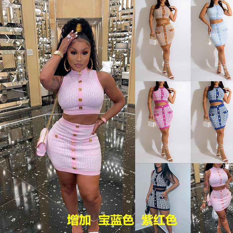 XIANGTUIBAO  Popular trade 2025 fashion women's clothing, round neck sleeveless waist skirt set, geometric pattern wool two-piece set