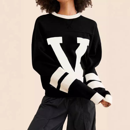 XIANGTUIBAO 2025 women's clothing American street personality contrasting color letter printing sweater loose versatile jumper knitted sweater