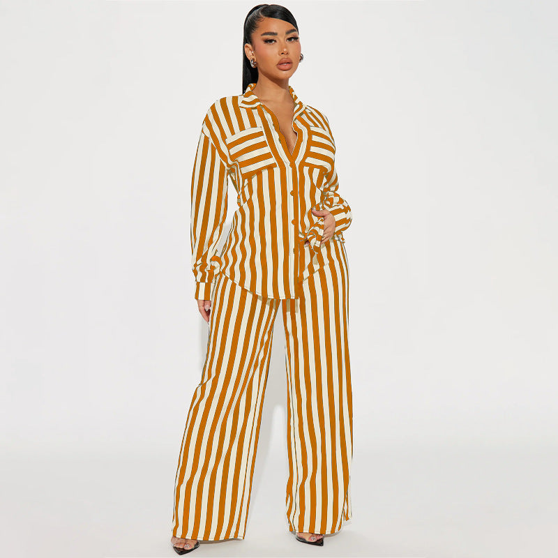 XIANGTUIBAO 2025 2025 trade women's clothing two-piece set, 2025 fashion casual home out striped button shirt trousers set