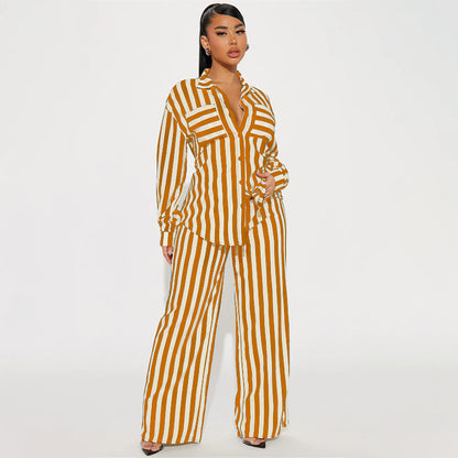 XIANGTUIBAO 2025 2025 trade women's clothing two-piece set, 2025 fashion casual home out striped button shirt trousers set