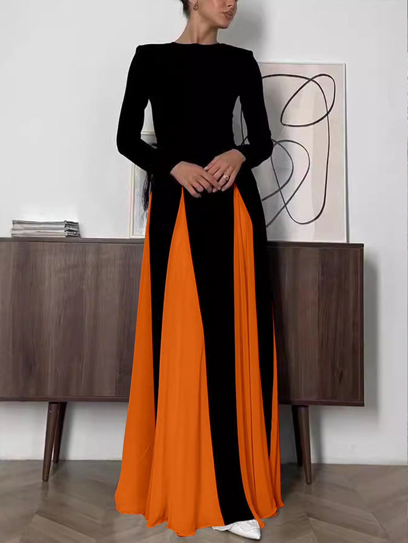 XIANGTUIBAO Cross-border  dinner party women's evening dress, tight A-shaped large skirt splicing long-sleeved crew neck dress