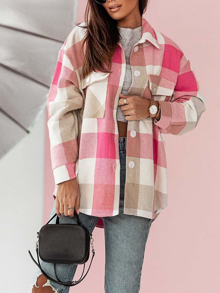 XIANGTUIBAO 2025  2025 fashion women's clothing colored plaid shirt jacket, casual polished woolen coat top