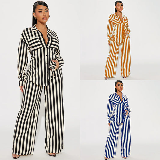 XIANGTUIBAO 2025 2025 trade women's clothing two-piece set, 2025 fashion casual home out striped button shirt trousers set