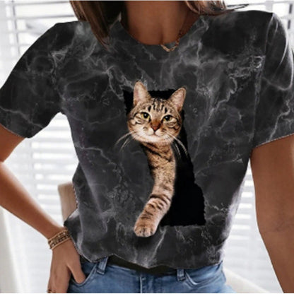 Independent Station Women's Short-Sleeved T-shirt Cute Cat 3D Printed European and American Foreign Trade Women's Clothing Straight Hair