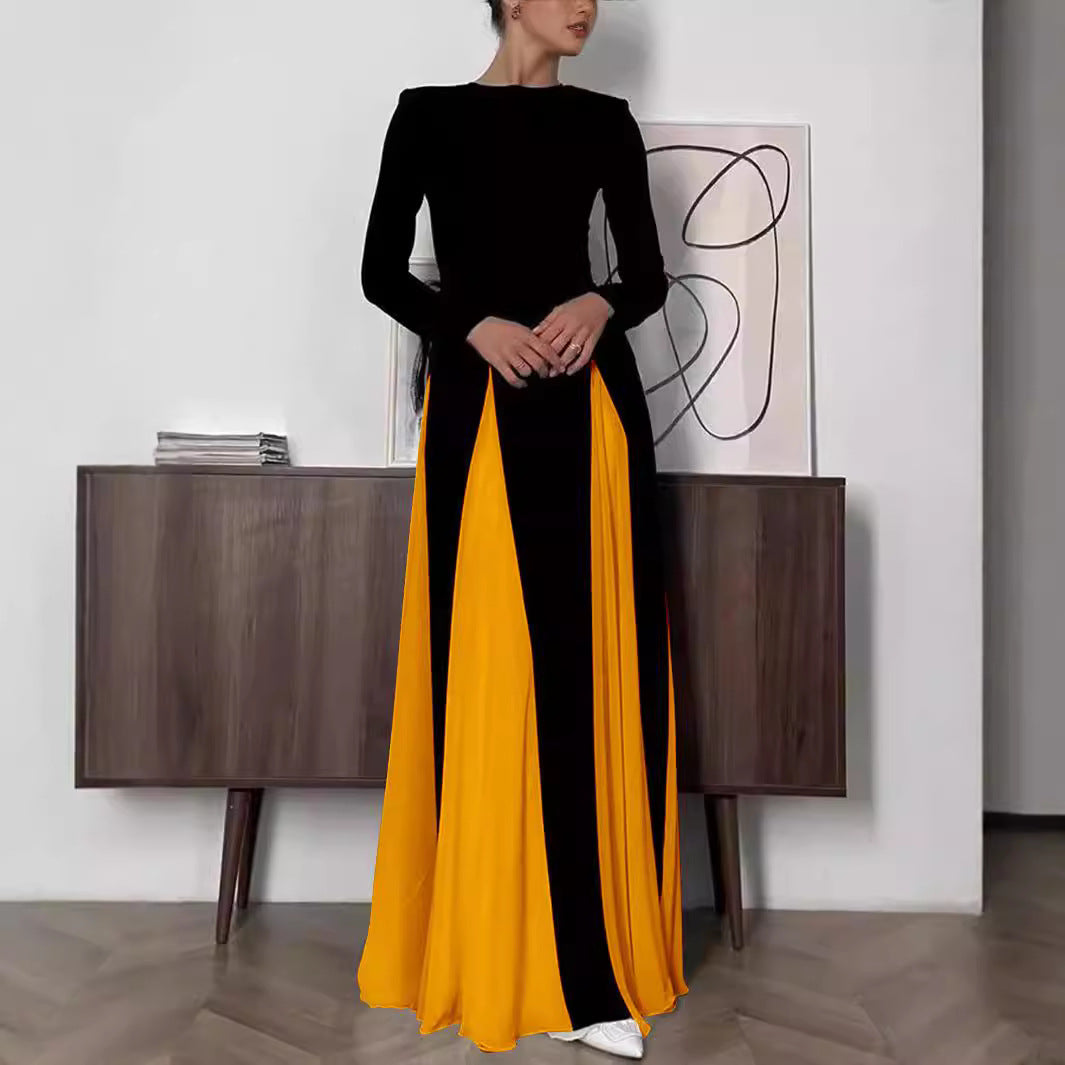 XIANGTUIBAO Cross-border  dinner party women's evening dress, tight A-shaped large skirt splicing long-sleeved crew neck dress