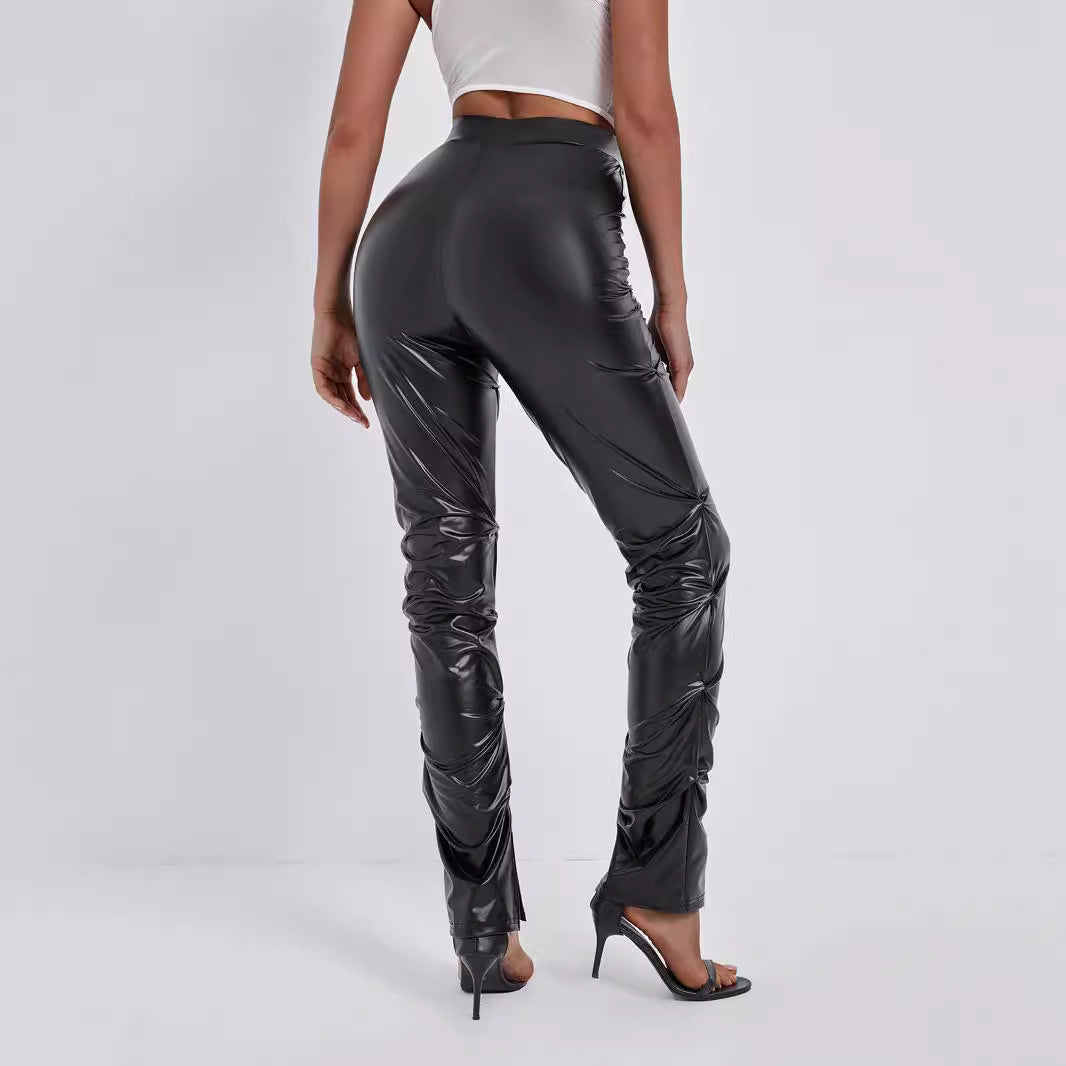 XIANGTUIBAO 2025  2025 new women's pants fashion tight side pleated high elastic PU leather waist trousers