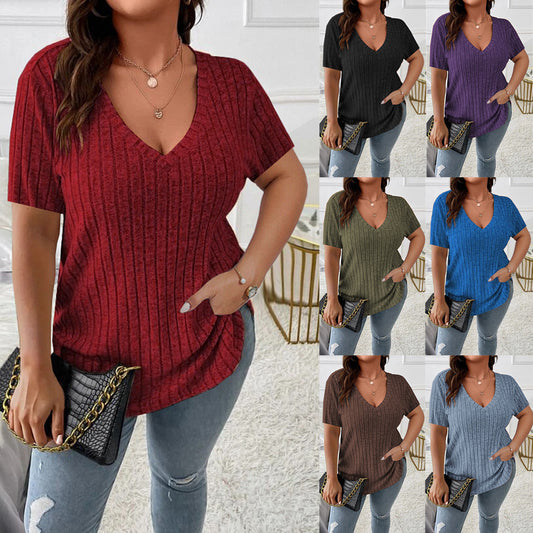 Spring and Summer Hot-Selling Cross-Border Solid Color plus Size Women's Elegant Top V-neck Sunken Stripe Short Sleeve Pullover T-shirt