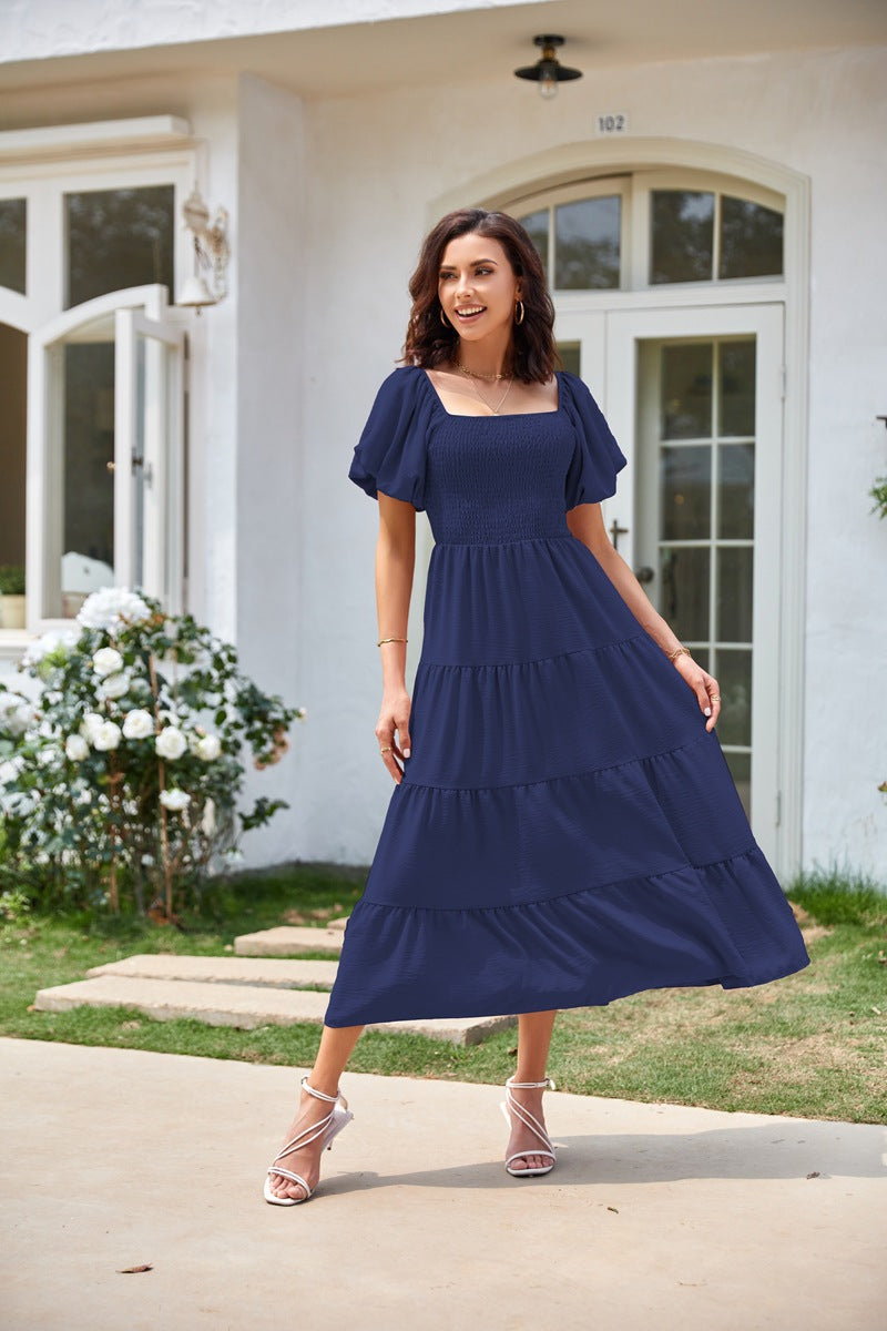 Summer European and American Foreign Trade Cross-Border Women's Clothing  Square Collar Backless Puff Sleeve Pleated Short Sleeves Dress