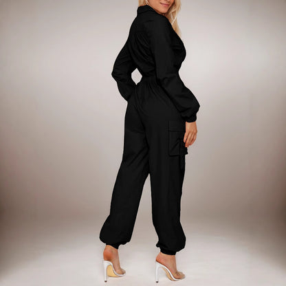 XIANGTUIBAO Cross-border Yama fashion out tooling onesie women, flip pocket elastic waist zipper jumpsuit new