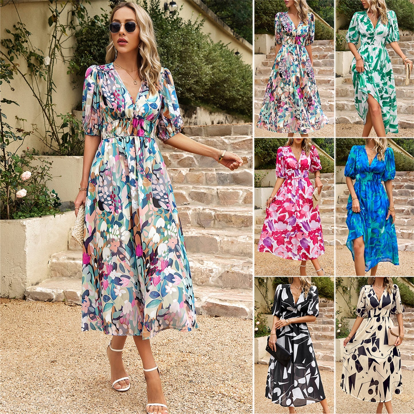 Diyun Design  Cross Border  Dress  Summer Foreign Trade Temperament Waist-Controlled V-neck Print Dress