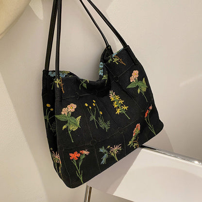 XIANGTUIBAO Large Capacity Embroidered Tote Bag for Women  Spring and Summer New Niche Canvas Embroidered Shoulder Bag Commuter Bucket Bag