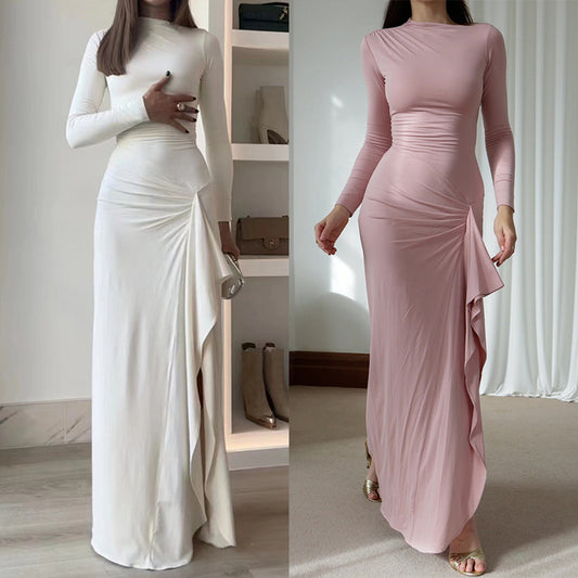 XIANGTUIBAO 2025 fashion waist split women's evening dress elegant slanted shoulder collar pleated high neck long sleeve irregular dress