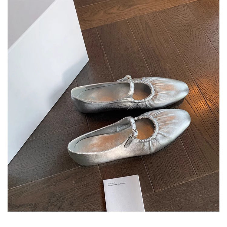 XIANGTUIBAO  Grape Mom Fashion Huizhou Women's Shoes Pleated Silver Single-Layer Shoes Women's Low Heel Korean Style Shoes 20224 Spring Women's Shoes