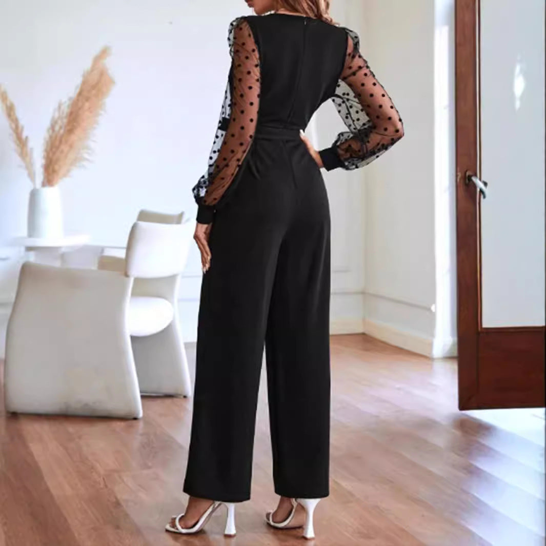 XIANGTUIBAO Cross-border  2025 fashion V-neck women's lace long-sleeved jumpsuit, belt straight pants elegant women's clothing