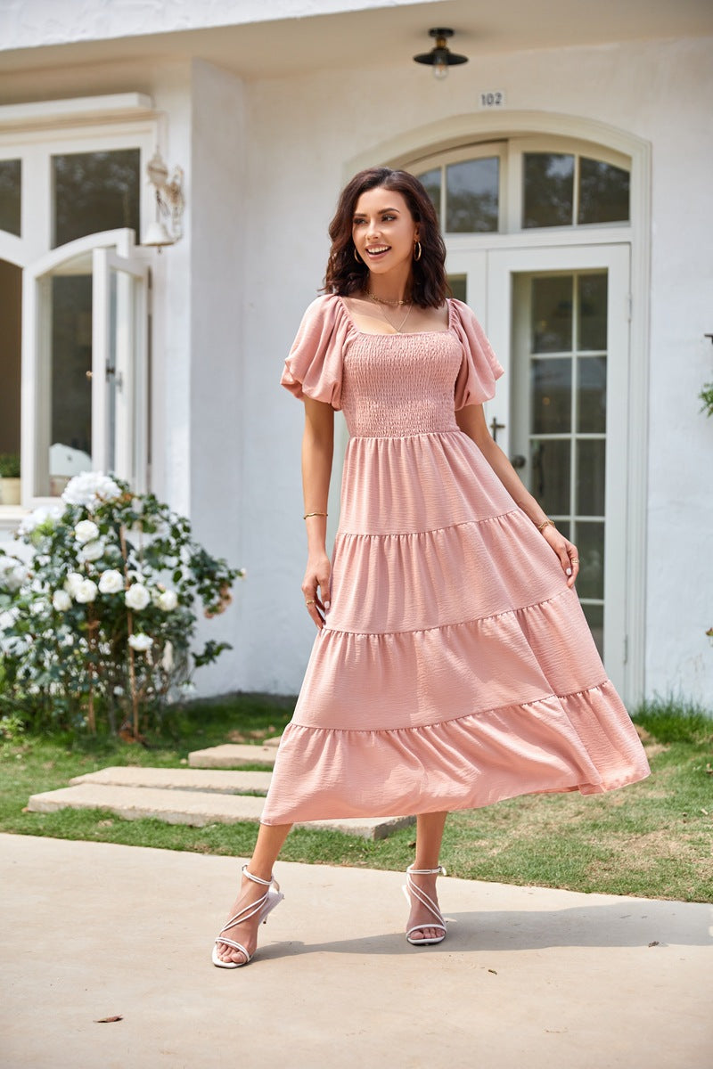 Summer European and American Foreign Trade Cross-Border Women's Clothing  Square Collar Backless Puff Sleeve Pleated Short Sleeves Dress