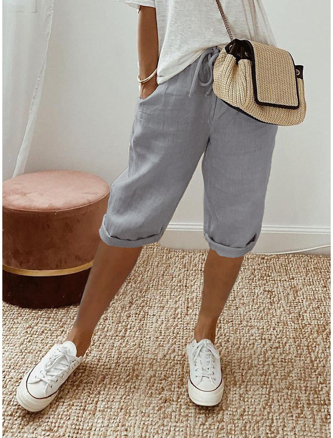 XIANGTUIBAO  Cross Border  Independent Station Women's Cotton and Linen Pocket Elasticated Slacks Women's Five Pants