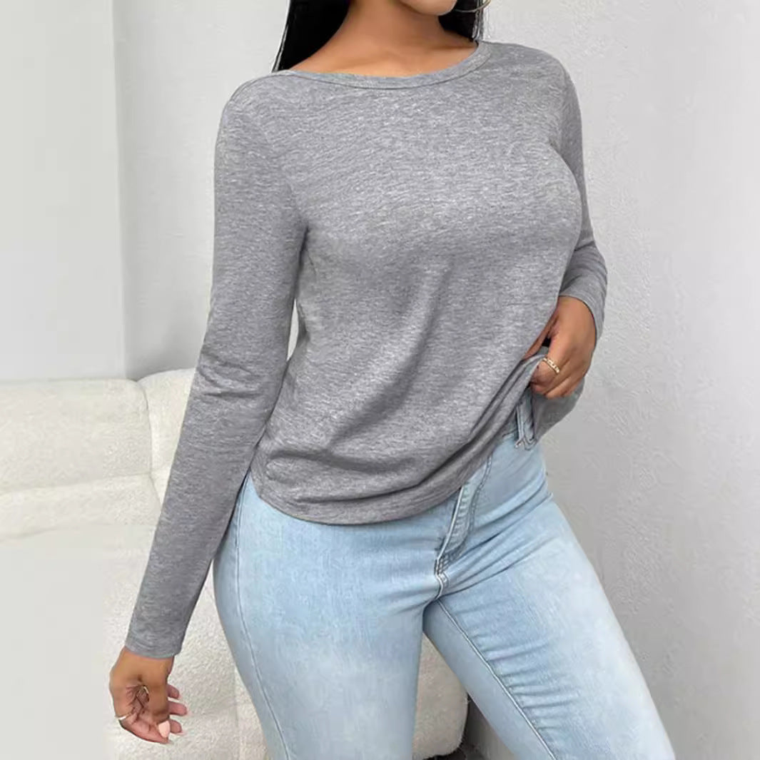 XIANGTUIBAO 2025New   fashion women's top, back kink backless sexy round neck solid color long-sleeved T-shirt