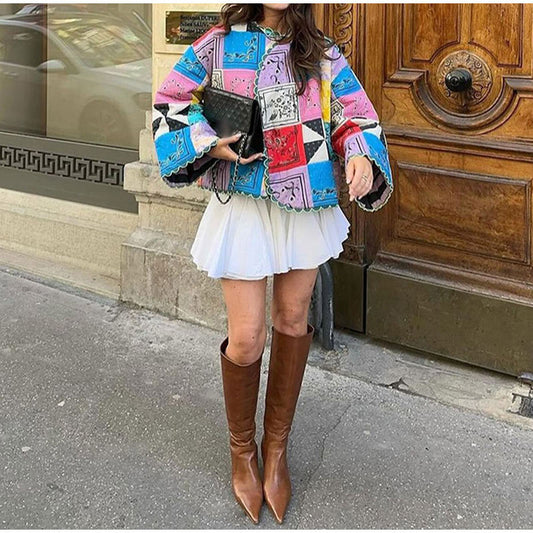 Long-sleeved color-matching short cotton jacket 2025 European and American cross-border autumn and winter fashion women's casual jacket