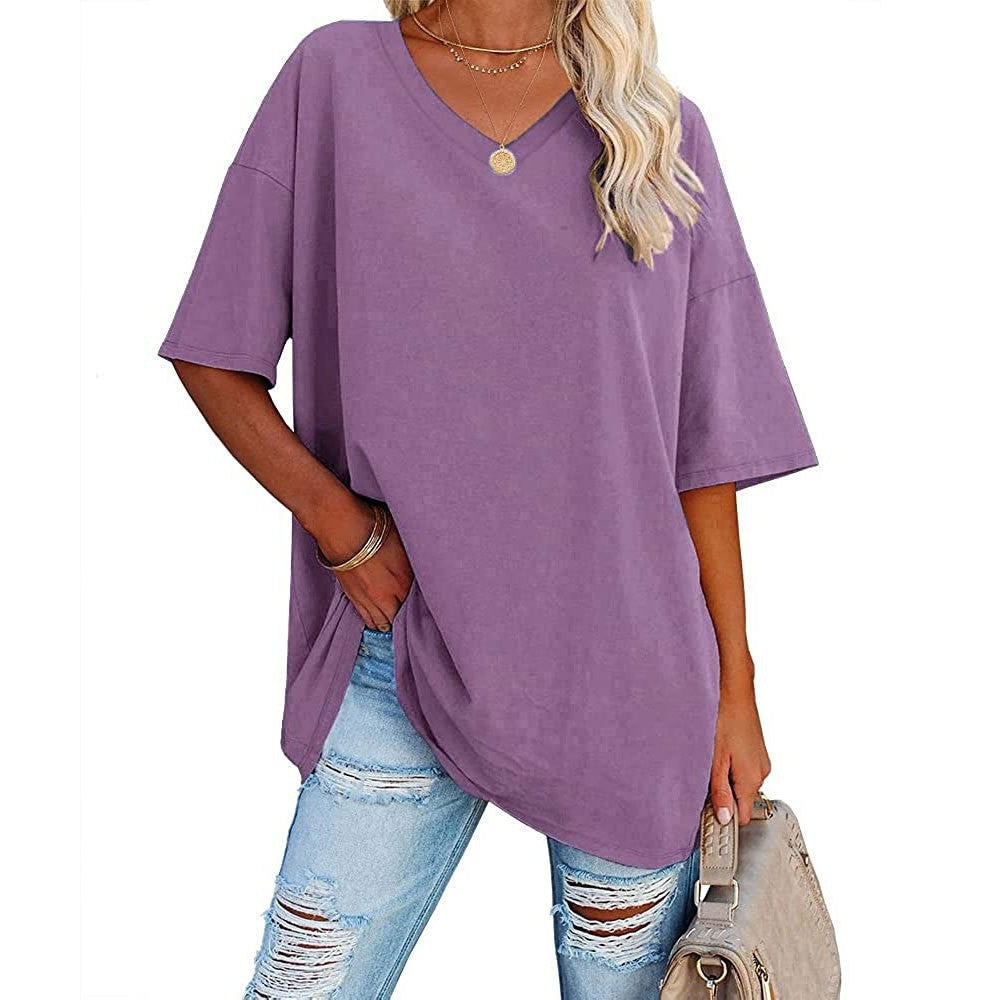 Cross-Border European and American Women's Clothing  Foreign Trade Spring and Summer New Color Loose Half Sleeve V-neck Cotton Waist Women's Top