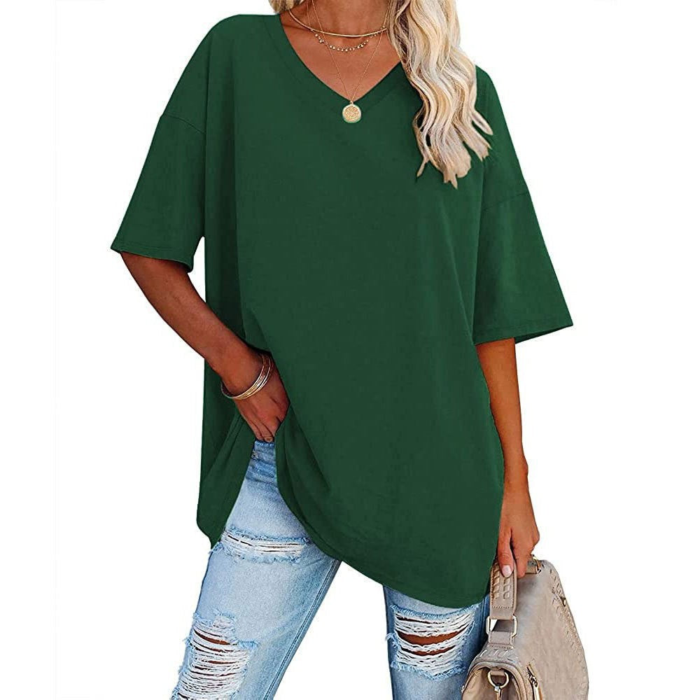 Cross-Border European and American Women's Clothing  Foreign Trade Spring and Summer New Color Loose Half Sleeve V-neck Cotton Waist Women's Top