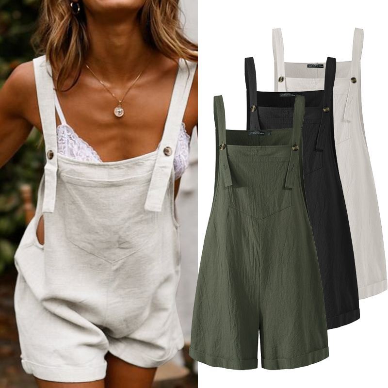 XIANGTUIBAO  European and American  Summer Cross-Border New Arrival Cotton and Linen New Siamese Suspender Solid Color Buttons Casual Women's Shorts