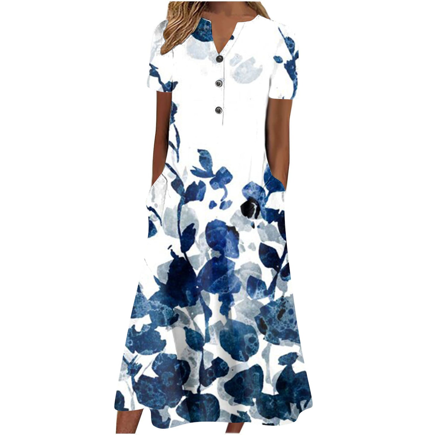 Cross Border Women's Summer New V-neck Button Short Sleeve Loose Big Hem Print Dress