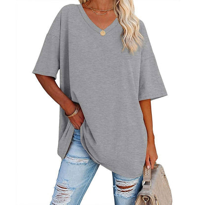 Cross-Border European and American Women's Clothing  Foreign Trade Spring and Summer New Color Loose Half Sleeve V-neck Cotton Waist Women's Top