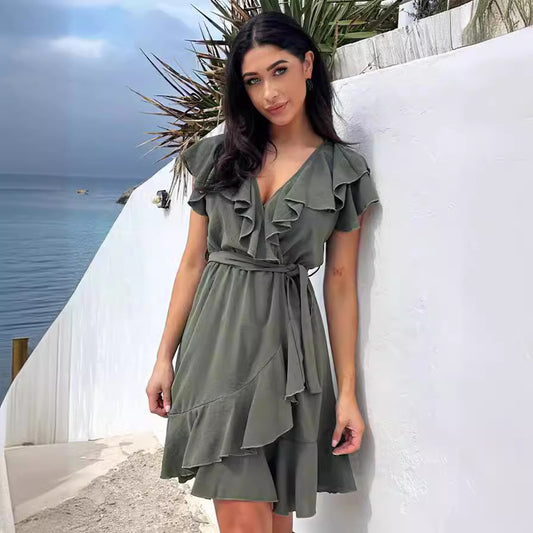 Summer European and American Women's Clothing New  V-neck Tight Waist Suspender Dress Ruffled Solid Color Dress Women